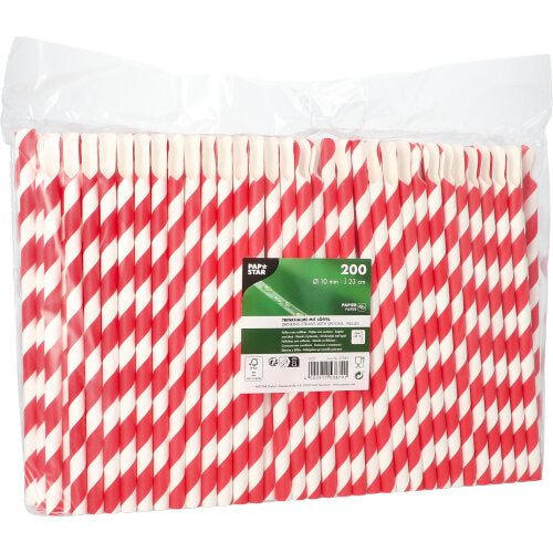 Trinkhalme mit Löffel Papier Ø 10 mm · 23 cm rot/weiss "Stripes"