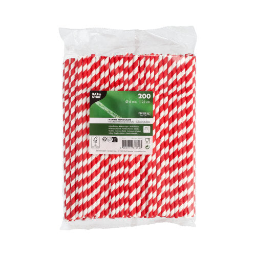 Trinkhalme Papier Ø 6 mm · 22 cm rot/weiss "Stripes" flexibel