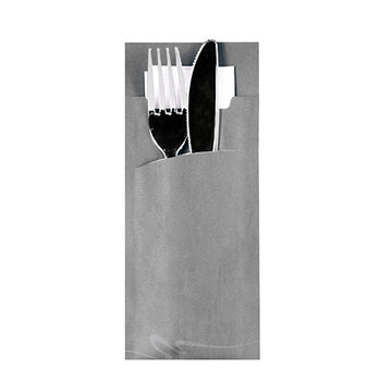 Bestecktaschen 20 cm x 8,5 cm grau inkl. weißer Serviette 33 x 33 cm 2-lag.